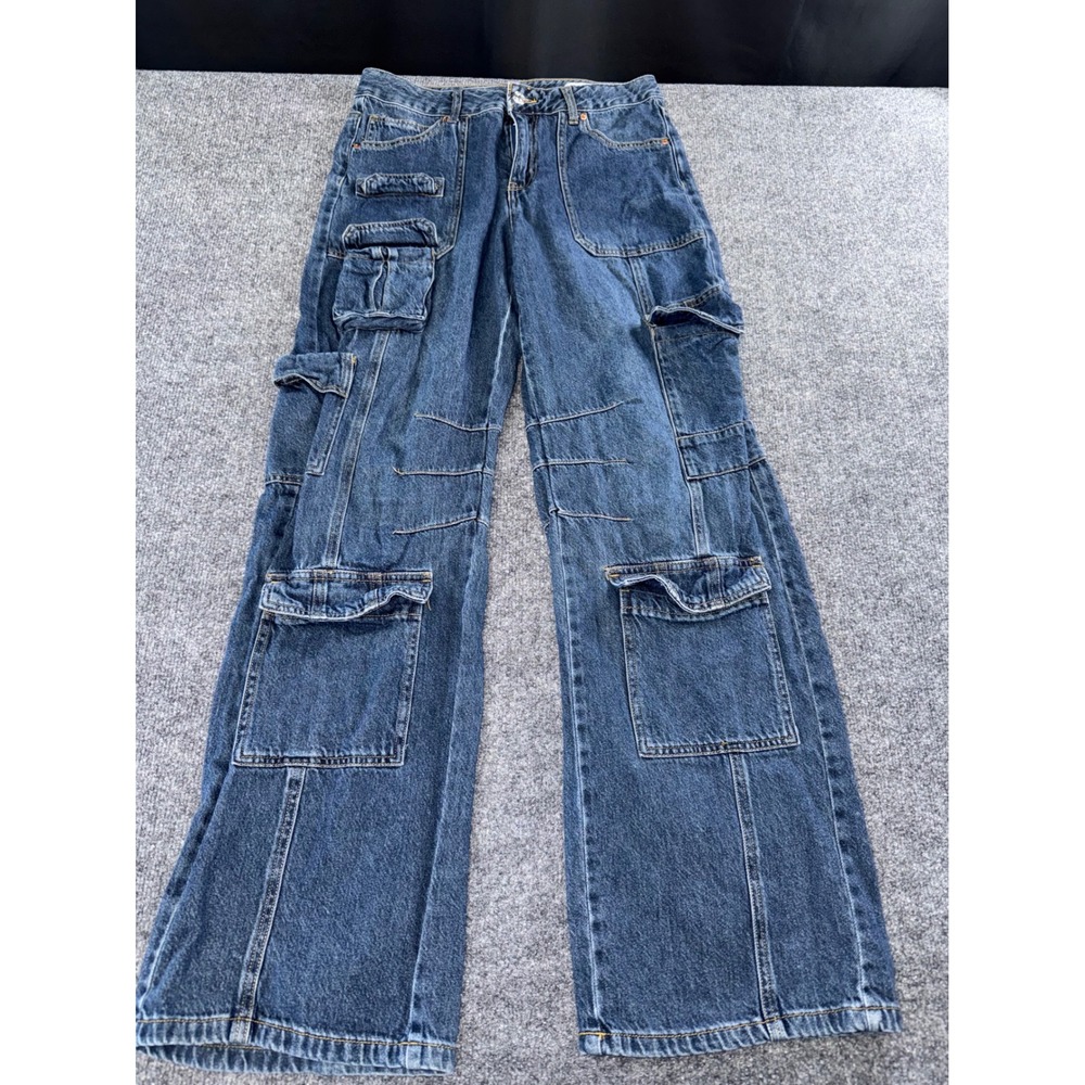 High Waisted Multi Pocket Cargo Jeans Medium Wash Wide Leg Utility Denim Pants